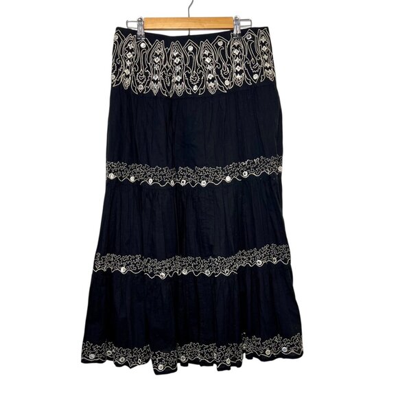 Maxi Skirt Embroidered Gypsy Boho Artsy Black Nature Flowy Coastal Lagom Size 8 - Picture 1 of 11